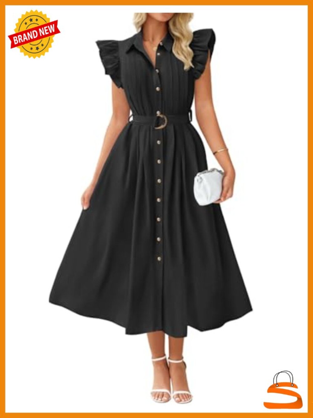 Flutter Short Sleeve Belted Midi Dress with Pockets Cotton